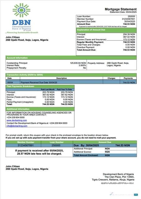 Download Nigeria Development Bank of Nigeria mortgage statement Word and PDF template Photoshop template